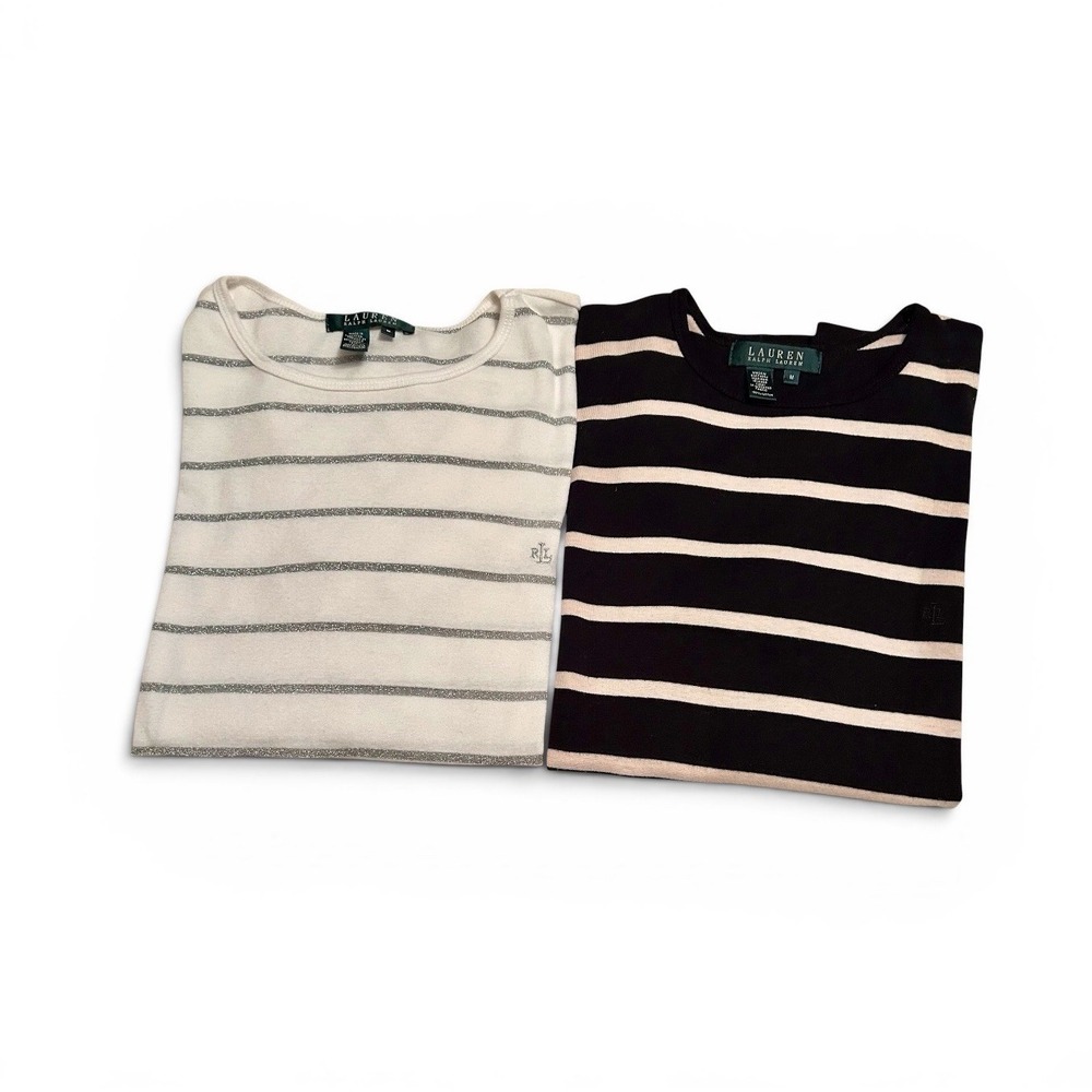 Lauren Ralph Lauren Women's M Short Sleeve Striped Knit Top Bundle 2 Pc